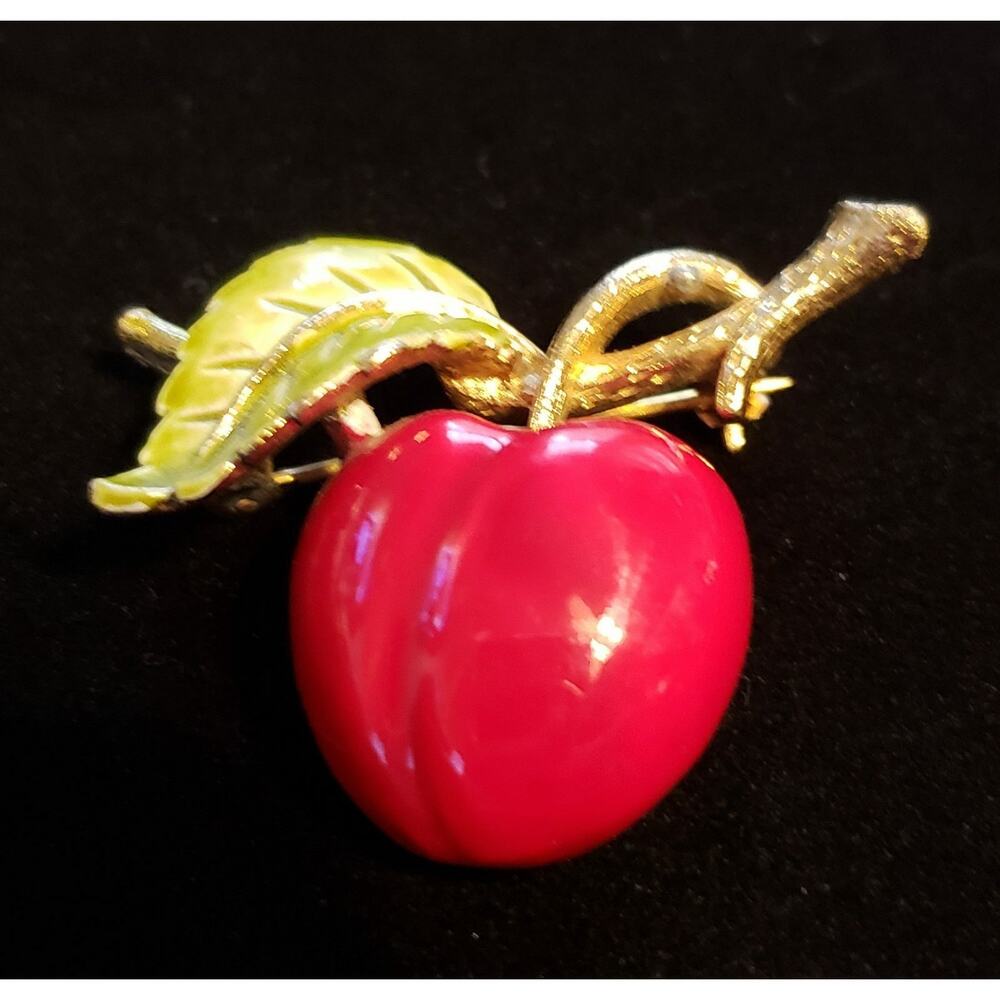 Vintage Enamel Apple Brooch Pin- Red & Green Large‎ - 1.75"- Figural fb1-24 - Picture 3 of 8